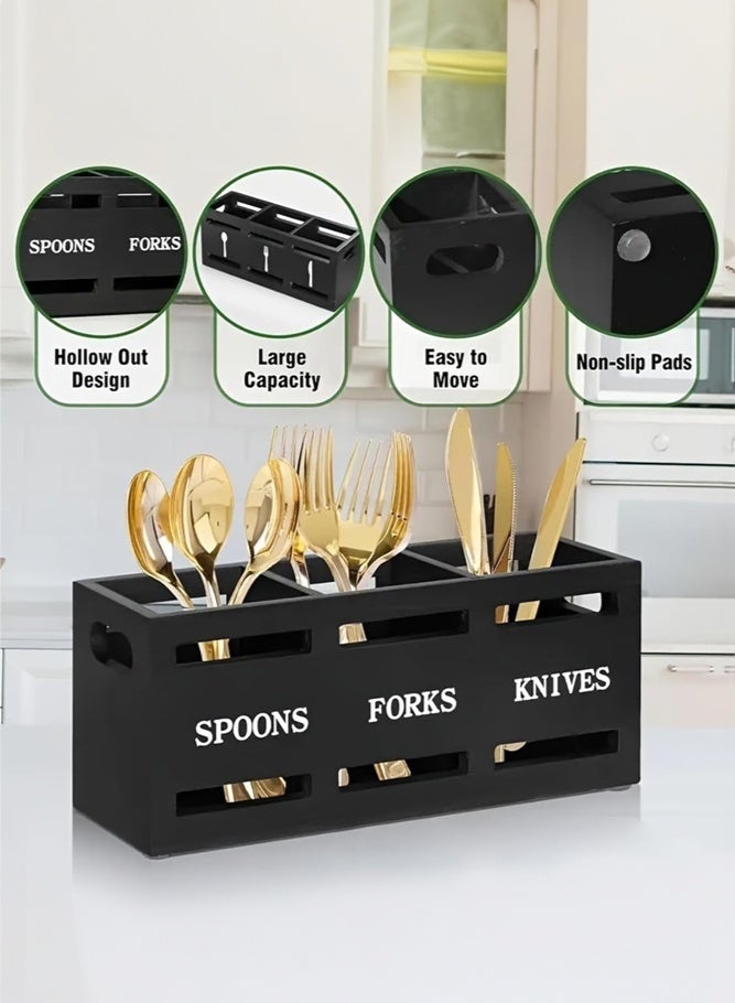 SHABILI Rustic Farmhouse Organizer Wooden Kitchen Utensil Holder Flatware Caddies, 3-Compartment Cutlery Holder Caddy for Home Cooking Scenes, Large Capacity, Handles and Stable Design for Neat Countertop Storage (Black) - Image 5